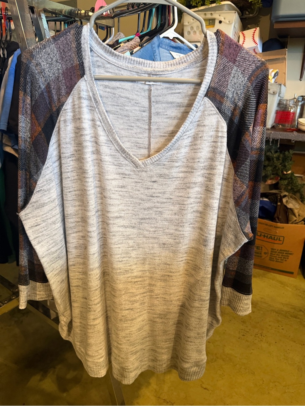 Maurices Heather Gray V-Neck Top with Plaid Raglan Sleeves